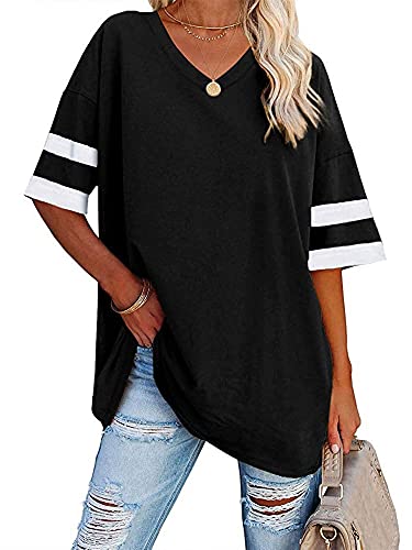 T-shirt d'été décontracté manches courtes femme noir col V L