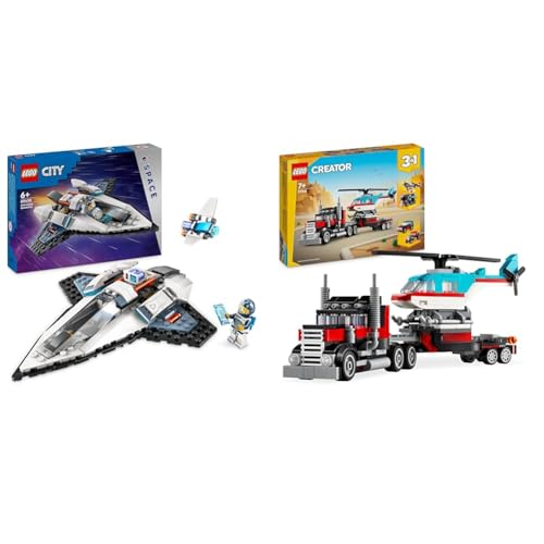 LEGO City Raumschiff, Weltraum-Spielzeug mit Space Shuttle für Kinder zum Bauen & Creator 3in1 Tieflader mit Hubschrauber, Fahrzeuge-Set mit Helikopter- und LKW-Spielzeug