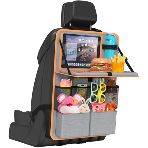 Plzpik Car Backseat Organizer with Tablet Holder,11 Storage Pockets with Foldable Food Tray, Protector Kick Mats for Kids, Travel Accessories Organizer (Orange, 1Pack)