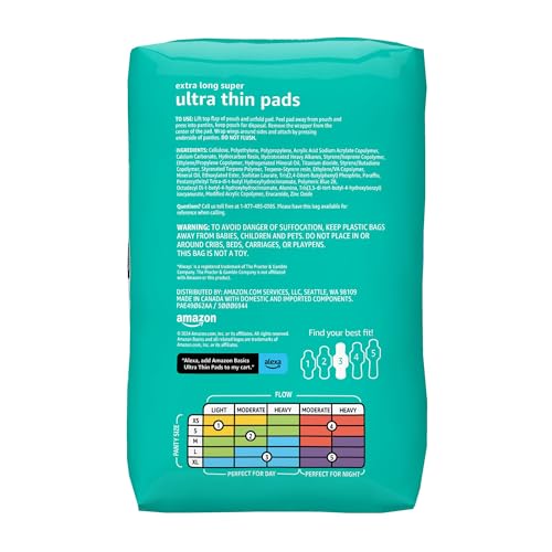 Amazon Basics Ultra Thin Pads with Flexi-Wings for Periods, Extra Long Length, Super Absorbency, Leak Protection, Unscented, Size 3, 28 Count view 2