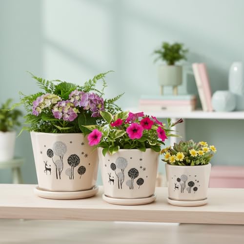 Image of Xtore Elegant Botanical Ceramic Planter Set with Drainage Saucers | Decorative Indoor Flower Pots for Living Room, Balcony, Office Desk & Tabletop Gardening (Set of 3, Ivory Beige - Planters only)