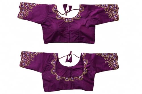Image of Pujia Mills Women's Silk Embroidery Sequence Work Half Sleeve Readymade Blouse