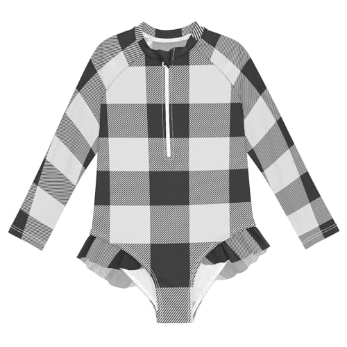 Girls One Piece Swimsuits Long Sleeve Swimsuit Zipper Bathing Suits White Black Plaid