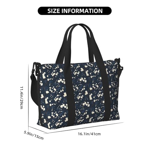 Travel Duffle Bags For Women Men - Navy Blue Plum Blossom Print Personal Item Weekender Overnight Gym Carry On Airport Tote Bag With Strap For Yoga, Travel, Business Trips2