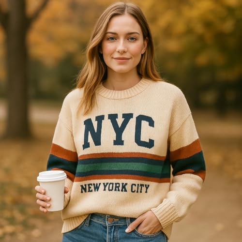 Unisex NYC Knit Sweater – Cream Pullover for Men and Women with Retro Stripes and New York City Lettering – Cozy Ribbed Crewneck Winter Jumper Small3