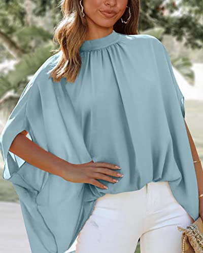 Btfbm Women's Mock Neck Batwing Short Sleeve Summer Oversize Casual High Low Hem Blouse (Light Blue, L) #TOP1