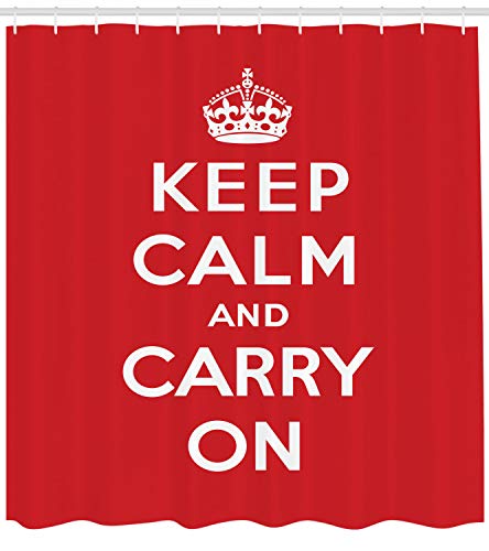 ABAKUHAUS Keep Calm Shower Curtain, Bicolour Composition Carry on Text Royal UK Crown Calligraphic Image, 78 Inches, Red White - Image 2