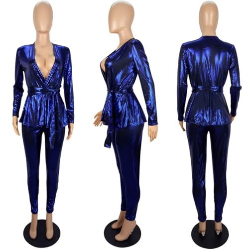 WOKANSE Sequin Two Piece Set for Women Glitter V Neck Long Sleeve Belt Blazer Bodycon Long Pants Club Wear3