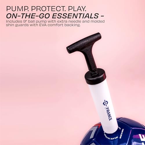 Image of Nivia Football Combo Pack of 4, 1 PVC Football, 1 Pair Shin Guard, 1 Ball Pump, 1 Carry Bag, for Kids & Adults, Size-5 (France)