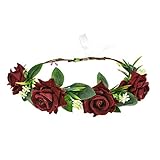 Funsveta Women Girls Rose Floral Crown Wreath Wedding Flower Headband Headpiece (Burgundy)