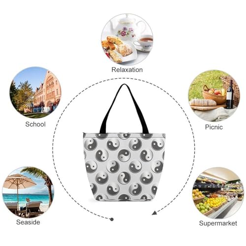 Sac de shopping Tai Chi femme - Grand sac de voyage chic noir et blanc - 5