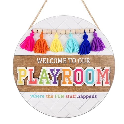 HOURIA 3D Welcome to Our Playroom Wooden Sign(11.4&rdquo;x11.4&rdquo;),Fun Kids Playroom Wreath Door Sign,Colorful Rainbow Inspirational Quote Wall Decor for Classroom Nursery Game Room Office