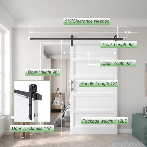 Image of 48x96 inch White Barn Door with 8FT Sliding Door Hardware Kit Included & Handle,MDF,Solid PVC Surface,DIY Assembly,5-Panel