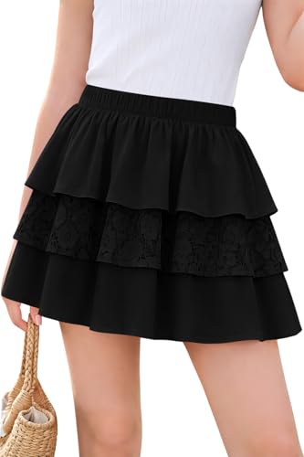 Haloumoning Girls Lace Ruffle Tiered Mini Skirt Kids High Waist Flowy Tennis Golf Skorts 5-14 Years Black