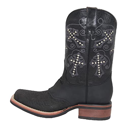 Men’s Genuine Leather Square Toe Cross Embroidered Mid Calf Cowboy Western Boot3