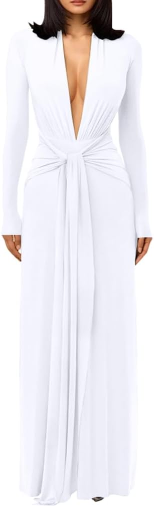 DAAWENXI Women's Sexy Deep V Neck Maxi Dress Long Sleeve Tie Wedding Guest Cocktail Evening Dresses