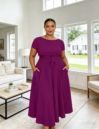 Image of Hostoyo Women Plus Size Formal A Line Maxi Dress Self Tie Waist with Pockets Elegant Round Neck Swing Long Dresses