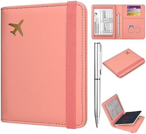JKhandy Passport and Vaccine Card Holder Combo, Cover Case with CDC Vaccination Card Slot, Cute Leather Travel Wallet Document Organizer Protector with RFID Blocking for Women and Men, Baby Pink