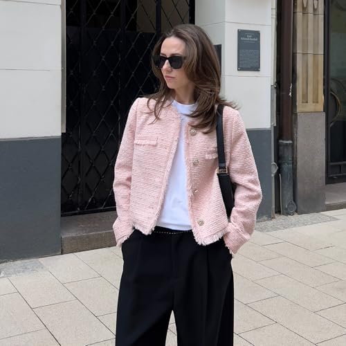 Wool Blend Tweed Blazers for Women Business Casual Knit Blazer Cropped Jacket for Women3