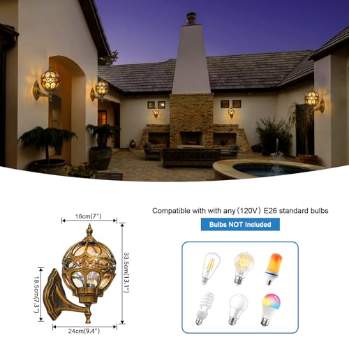Gold Outdoor Wall Light Fixtures, Globe Exterior Aluminum Waterproof Porch Lights, Sphere Anti-Rust Outside Lantern Wall Mount with Amber Glass for Patio Backyard Garage Doorway Front Door