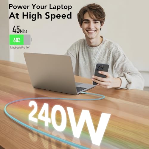 Image of MFish 240W USB-C to USB-C Cable (PD 3.1 EPR), 480Mbps Speed, Fast Charging Type C Cable for MacBook Pro /Air, iPhone 17 /16 Pro, Galaxy S25 /S24, Laptops, iPad, Durable Silicone, 6FT Blue