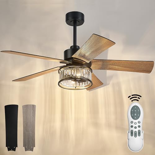 Image of YOUKAIN 48-Inch Crystal Ceiling Fan with Lights & Remote, Walnut | 5 reversible black and wood blades, crystal design, quiet for bedrooms