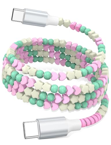 Image of USB C to USB C Cable 6FT,60W Fast Charging Beaded Charger Cord for iPhone 17 16 Pro Max 15 /iPad Pro 11 Air for Samsung S26 S25 S24 A17 /Android Phone Charge Cord Cute Girl Women,Mint+Pink Heart Beaded