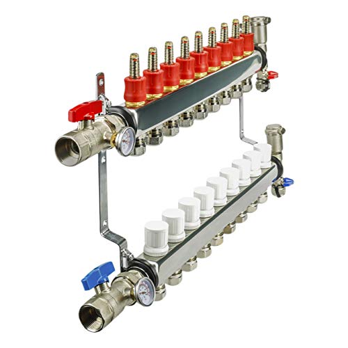 Image of Midline Valve NQT109 PEX Manifold 1 /2 in. for Radiant Heating System; with Valves, Vents, Gauges, and Mounting Brackets; Stainless Steel; 9 Port