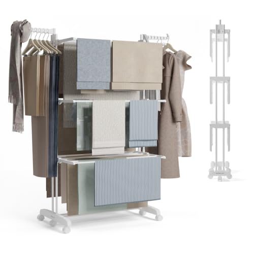 NEWTECK NEWLUX -Tendedero Vertical Plegable XXL Bastion V40 Blanco con Ruedas, 4 Niveles Dobles + Zapatero y 18,5m de tendido. Tendedero Plegable con Soporte para Perchas. Ideal como Perchero
