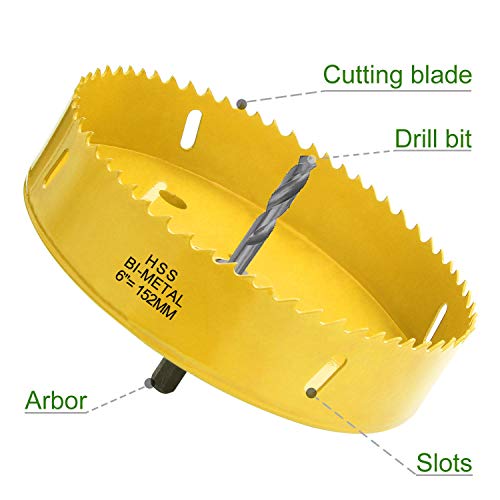 6 inch Hole Saw Blade for Cornhole Boards Corn Hole Drilling Cutter 152mm in Diameter BI-Metal Heavy Duty Steel & Hex Shank Drill Bit Adapter By STARVAST for Cornhole Game, Home Improvement (Yellow)