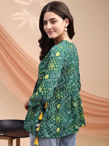 Image of MAHIRA'S Women's Short Kurti, Black Rayon Tunic Top with Embroidered Sleeves, 3 /4 Designer Sleeves