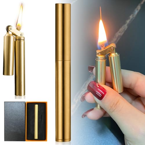 Mechero de queroseno vintage de latón, encendedor a prueba de viento, recargable de gas, llama de chorro ajustable, plegable, portátil, mini encendedor para vela, cocina, camping, regalo para hombres