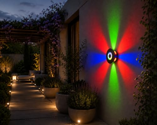 Image of Waterproof Up Down Led Wall Lamp, Aluminium IP65 Body 6+1 Way, Multycolor, Indoor /Outdoor Decorative Wall Sconce Light (HaloBeam 6 Way Color)