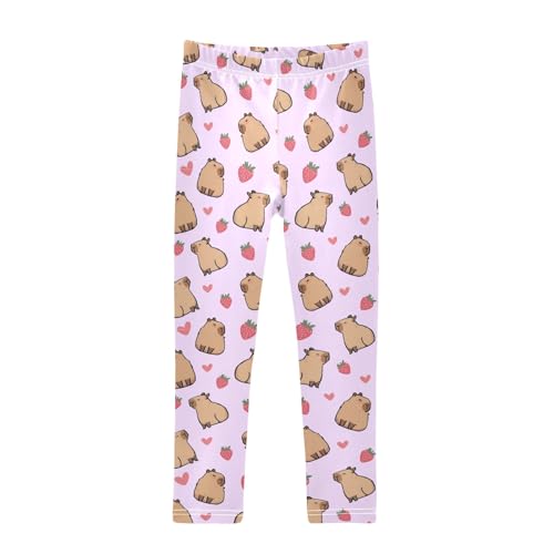 Cute Capybara with Strawberry Hearts Purple Girls Leggings Soft Comfortable Athletic Leggings Dancing Pants for 4-10 Years