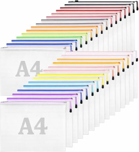 30 PCS Mesh Zipper Pouches Bags A4 Size Document Pouch,Waterproof Zipper Bags for Document Storage, Travel Bag Organizaer, Puzzle, Building Block Storage, School, Office Supplies (15 Colors) by ReePlan - Used condition - CA$16.12