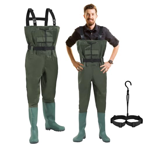 Hebitod Pantalones de Pesca vadeadores, 70 deniers de Nylon, Pantalones de Pesca de los Hombres de PVC, Impermeables con Botas de Goma, Cintura, Bolsillos y Ganchos, para la Pesca, Granjas, Jardines