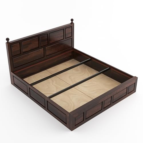 Image of Furniture Sheesham Wood King Size Bed with Storage Box | Wooden Box Bed King Size Double Cot Bed with Storage for Bedroom | Premium Lattu Design Headboard Bed for Living Room | Walnut Finish