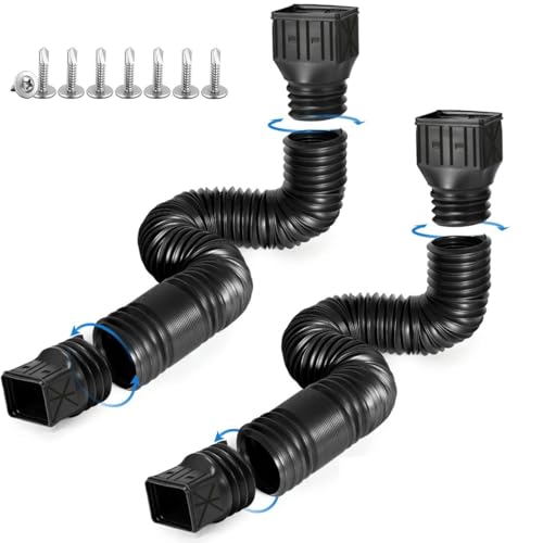 Rodnsurw 2 Pack Flexible Rain Gutter Downspout Extensions Drain Downspout Extender Gutter Extension Flexible Down Spout Drain Extension Pipes Extendable from 21 to 60 Inches (Black)