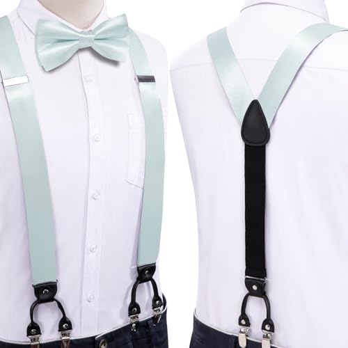 Image of Hi-Tie Men Suspender Bowtie Set Suspenders Pre-tied Bow Tie Pocket Square Cufflinks Adjustable Y Shape 6 Clips Braces Tuxedo