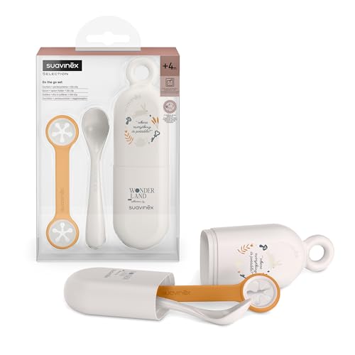 Suavinex, Set Cuchara y Estuche Portacucharas y Sujeta-baberos, para Comer Fuera de Casa, Cubiertos para Llevar, con Cuchara de Aprendizaje, Apto Lavavajillas, Bebés +4 Meses, Diseño Wonderland, Beige