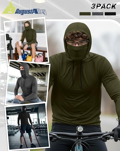 Image of August Alley 3 Pack Men's Sports Hoodies with Mask Compression Long Sleeve Thermal Shirts Base Layer Tees Running Pullover