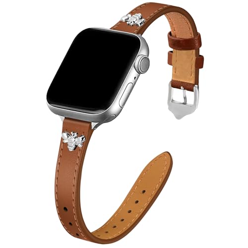 Image of JR.DM Slim Leather Bands Compatible with Apple Watch Band 38mm 40mm 41mm 42mm 44mm 45mm 46mm 49mm, Genuine Leather Band with Charms, Feminine Design for Iwatch Ultra SE Series 11 10 9 8 7 6 5 4 3 2 1