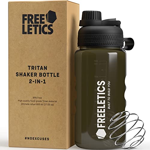 Freeletics Tritan Shaker Bottle | 2-in-1 Wasser & Protein Shaker Flasche mit Metallkugel Quirl für Smoothies | BPA-, BPS- und phthalatfrei | 800 ml Cover