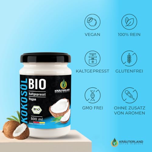 Kräuterland Bio Kokosöl, Kokosfett 500ml - Kokosnussöl nativ, kaltgepresst, hoch erhitzbar - zum Kochen, Braten und Backen in Premium Rohkostqualität
