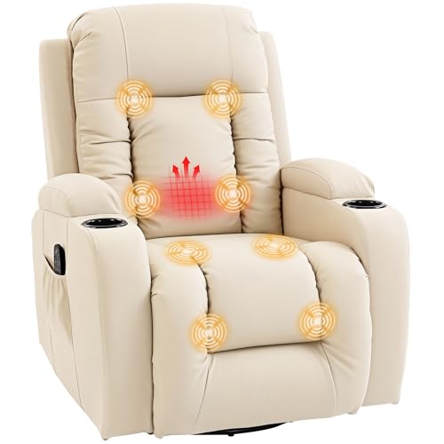 HOMCOM Relaxsessel verstellbar Massagesessel mit Liegefunktion, Heizung, Drehbar Fernsehsessel mit Wippfunktion, Becherhalter, Seitentasche, Timer, Kunstleder für Wohnzimmer Cremeweiß