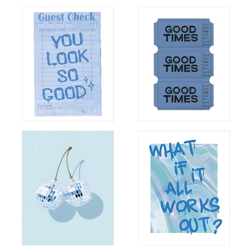 Blaue Wandkunst, 4-teilige Wanddekoration, Kunst, Coquette-Raumdekoration, Preppy-Raumdekoration, Textposter für Raumdekoration (4 Modelle, 20 x 25 cm, ungerahmt)