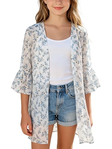 Image of GORLYA Girl's Floral Print Chiffon Beach Cardigan Cover ups Kids Casual Kimono Capes Swimsuit Wraps