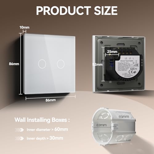 BSEED DimmSchalter f&uuml;r LED-Lampen, Touch Lichtschalter aus Glas, Non-wifi Schalter 700W 240V f&uuml;r eine perfekte Listimmungsvolle, 2 Fach 1 Weg Wei&szlig;