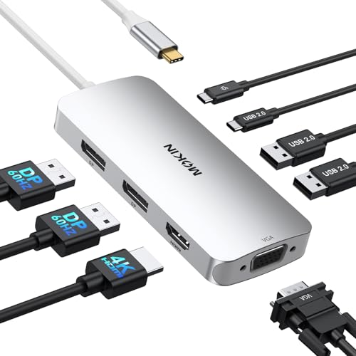 Image of USB C Docking Station Dual DisplayPort, 8 in 1 USB Hub with 2 DP, HDMI, VGA, USB C 2.0, A 2.0, PD Charging Port, Multi Monitor Adapter for Dell /HP Laptops, Silver