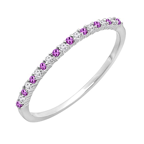 14K Solid Gold Round Amethyst & White Diamond Womens Anniversary Wedding Band Stackable Ring